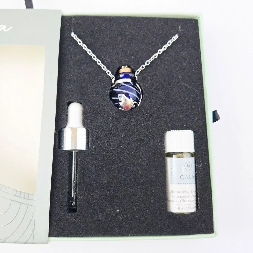Earthbound Trading Co Aroma Oil Necklace Calm Glass Diffuser Pendant 19" Chain - Picture 7 of 7